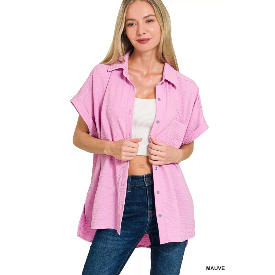 Zenana Woven Airflow Button Down Shirt MAUVE / S Apparel and Accessories