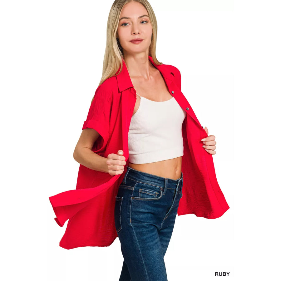 Zenana Woven Airflow Button Down Shirt Apparel and Accessories
