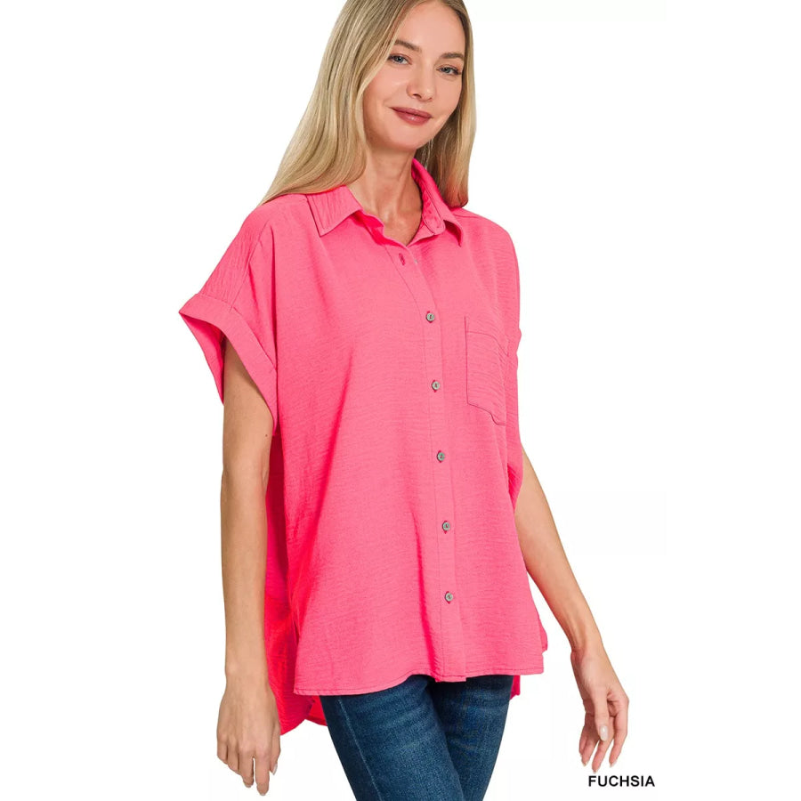 Zenana Woven Airflow Button Down Shirt FUCHSIA / S Apparel and Accessories