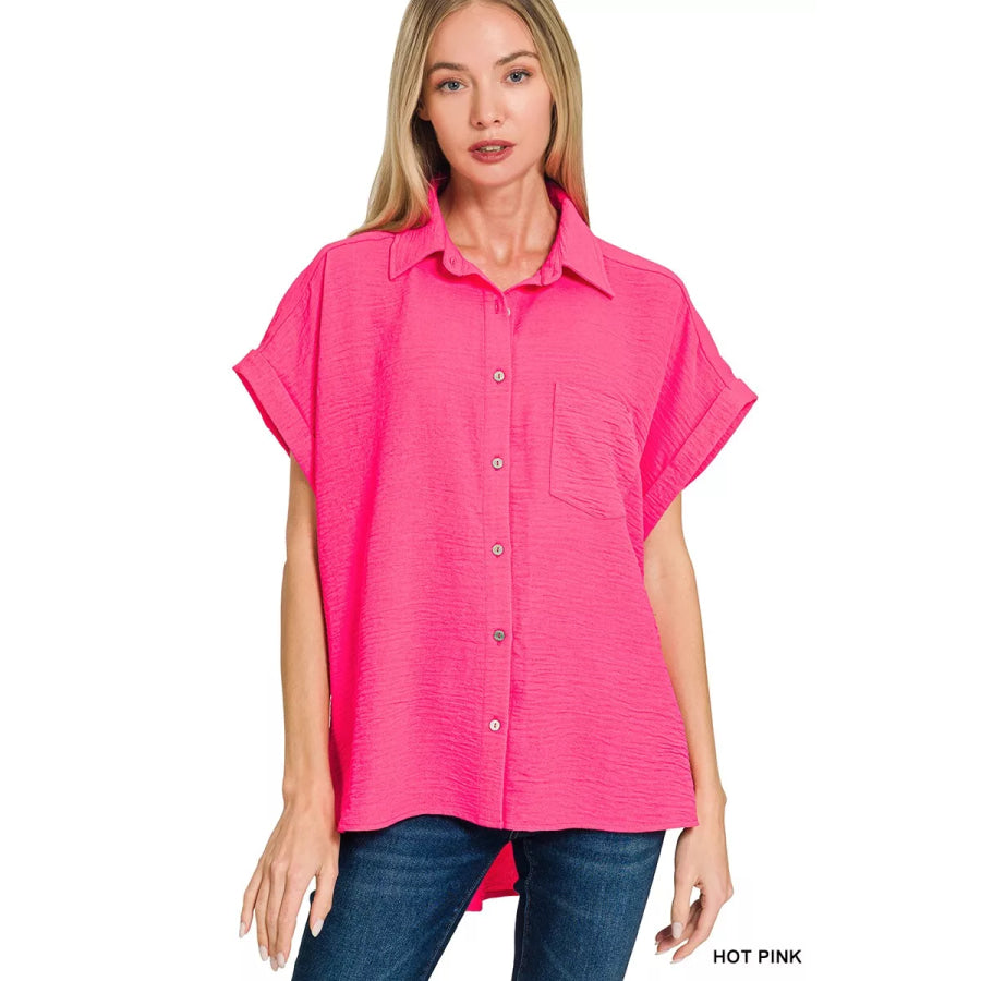 Zenana Woven Airflow Button Down Shirt HOT PINK / S Apparel and Accessories