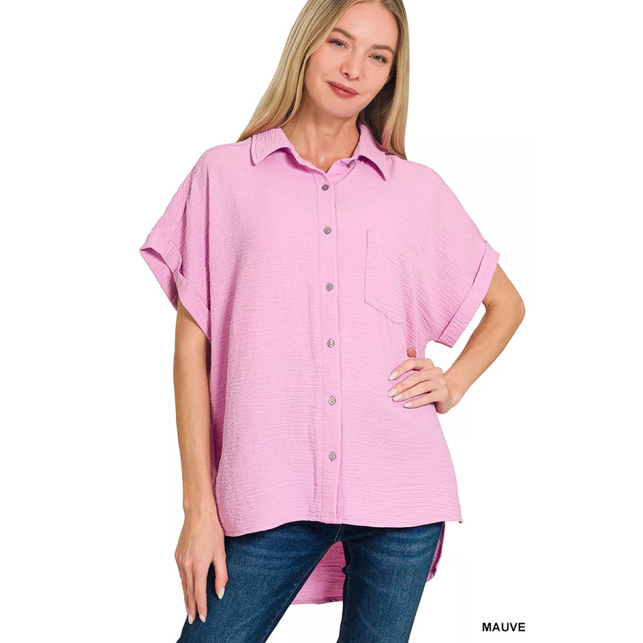 Zenana Woven Airflow Button Down Shirt MAUVE / S Apparel and Accessories