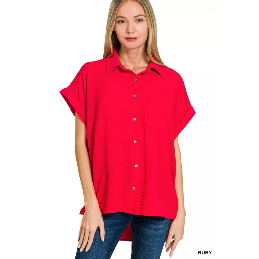 Zenana Woven Airflow Button Down Shirt RUBY / S Apparel and Accessories
