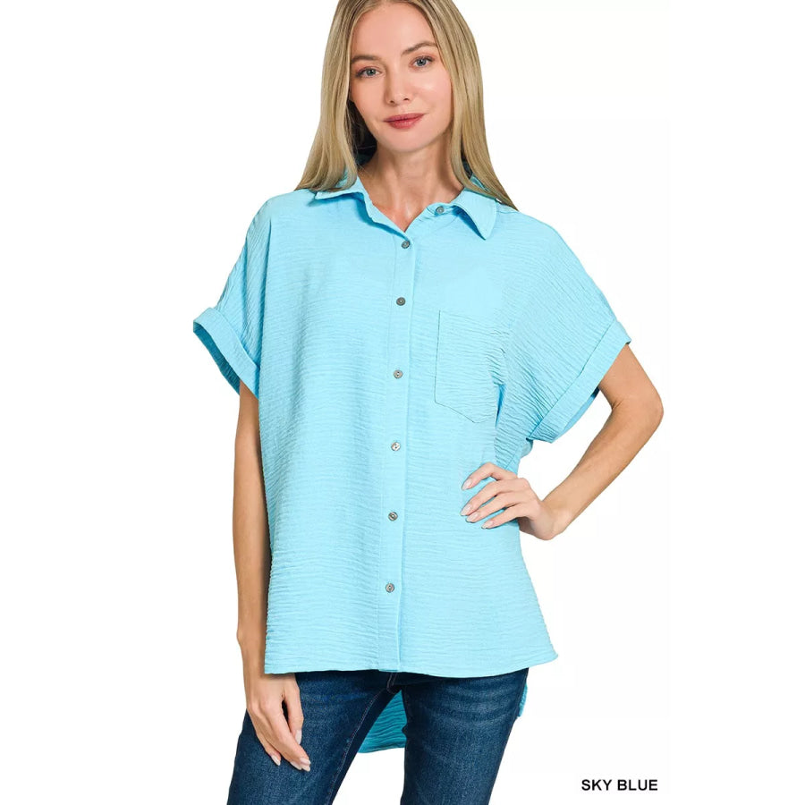 Zenana Woven Airflow Button Down Shirt SKY BLUE / S Apparel and Accessories
