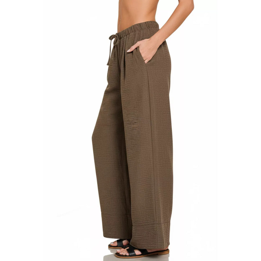 Zenana Woven Airflow Drawstring Pants DK BROWN / S Apparel and Accessories