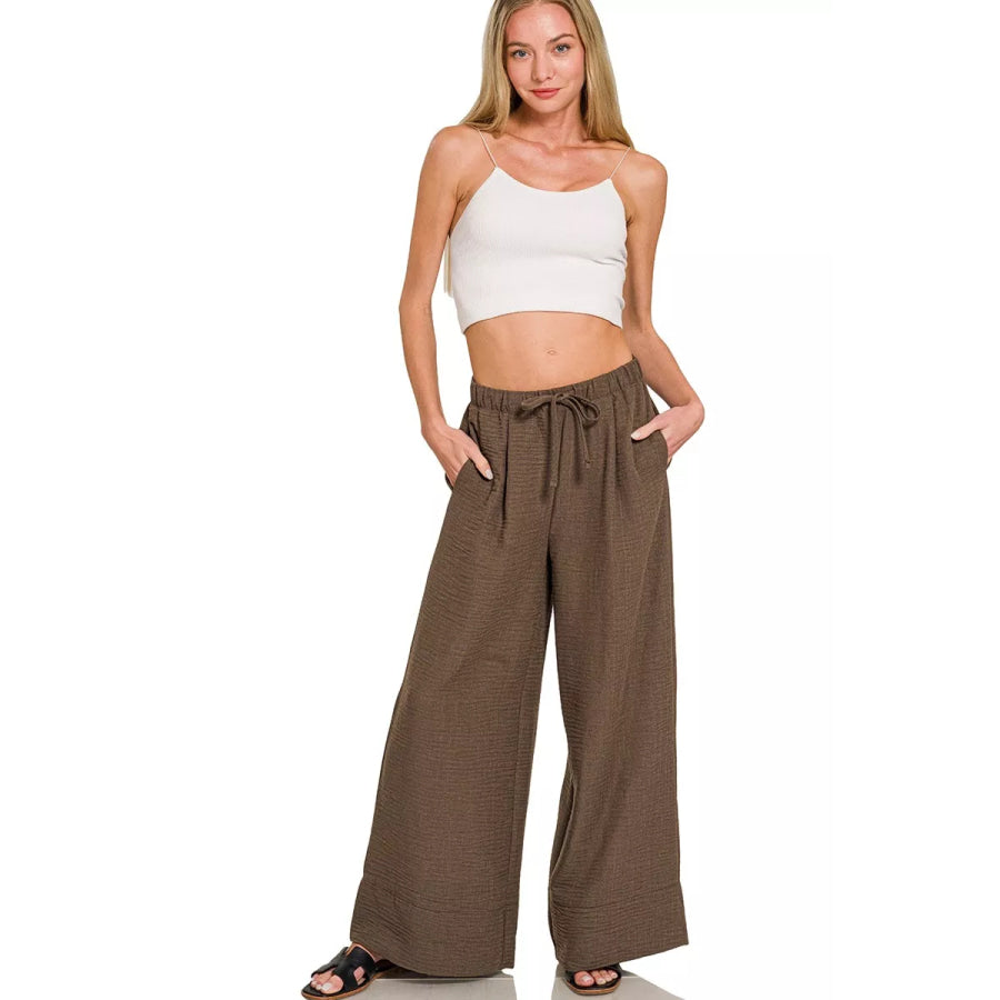 Zenana Woven Airflow Drawstring Pants Apparel and Accessories