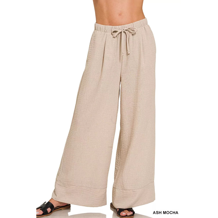 Zenana Woven Airflow Drawstring Pants ASH MOCHA / S Apparel and Accessories