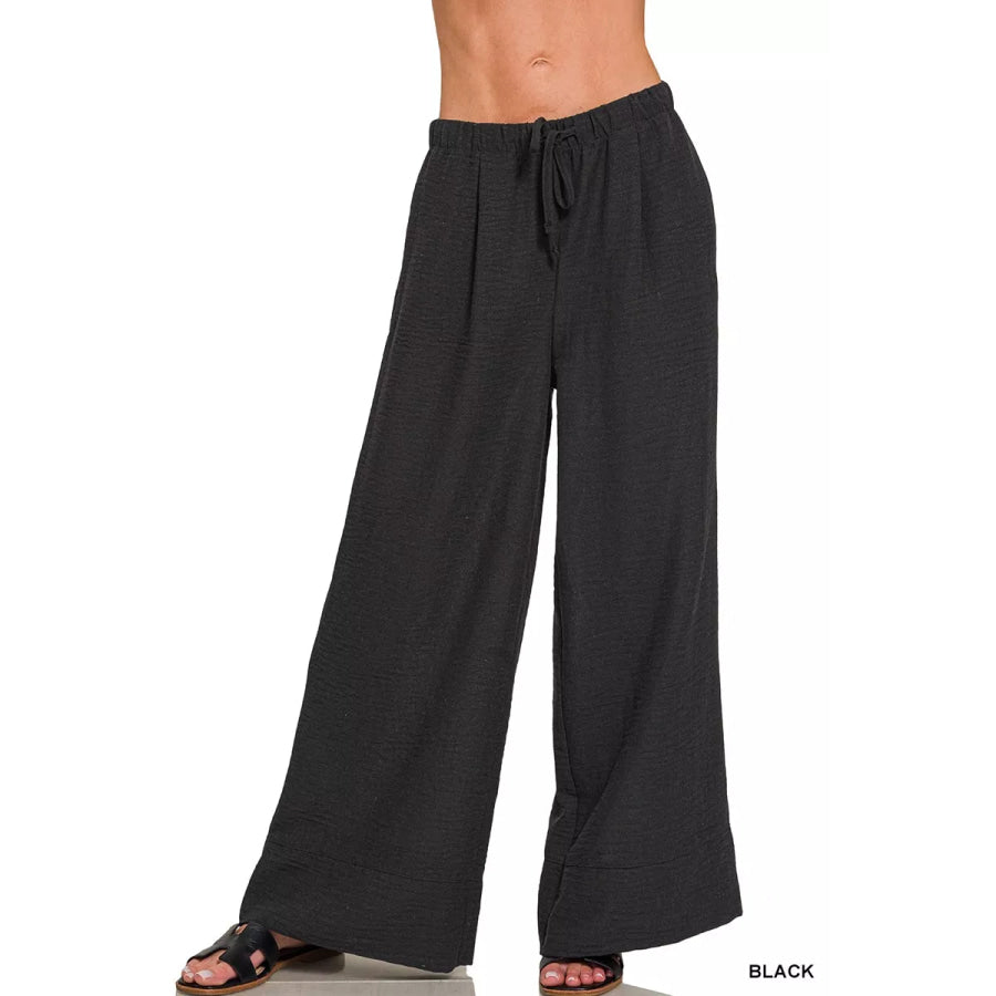 Zenana Woven Airflow Drawstring Pants BLACK / S Apparel and Accessories