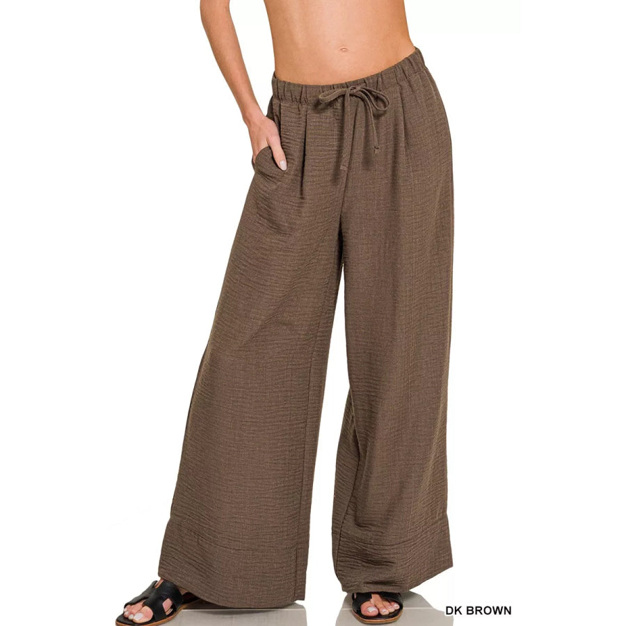 Zenana Woven Airflow Drawstring Pants DK BROWN / S Apparel and Accessories
