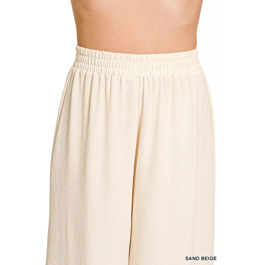 Zenana Woven Airflow Elastic Waistband Pants Apparel and Accessories