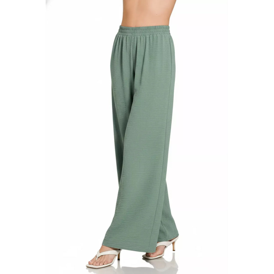 Zenana Woven Airflow Elastic Waistband Pants Apparel and Accessories