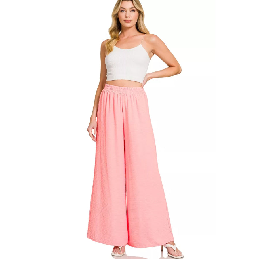 Zenana Woven Airflow Elastic Waistband Pants Apparel and Accessories
