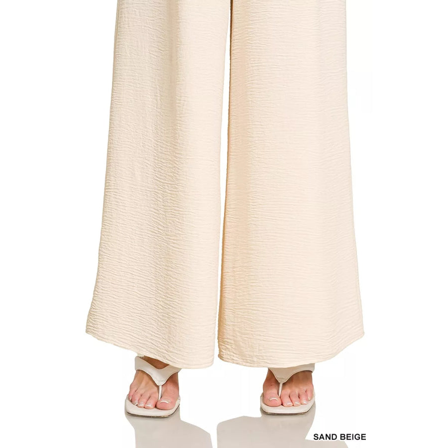 Zenana Woven Airflow Elastic Waistband Pants Apparel and Accessories
