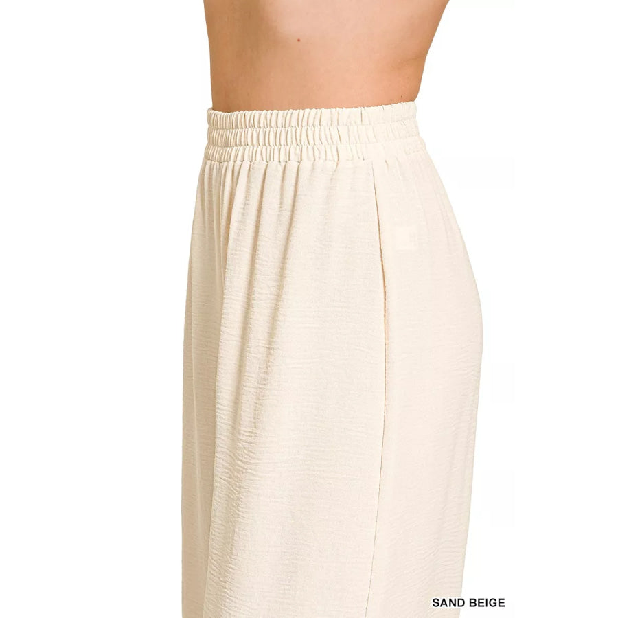 Zenana Woven Airflow Elastic Waistband Pants Apparel and Accessories