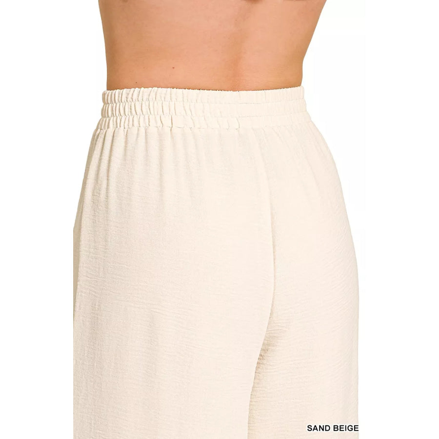 Zenana Woven Airflow Elastic Waistband Pants Apparel and Accessories