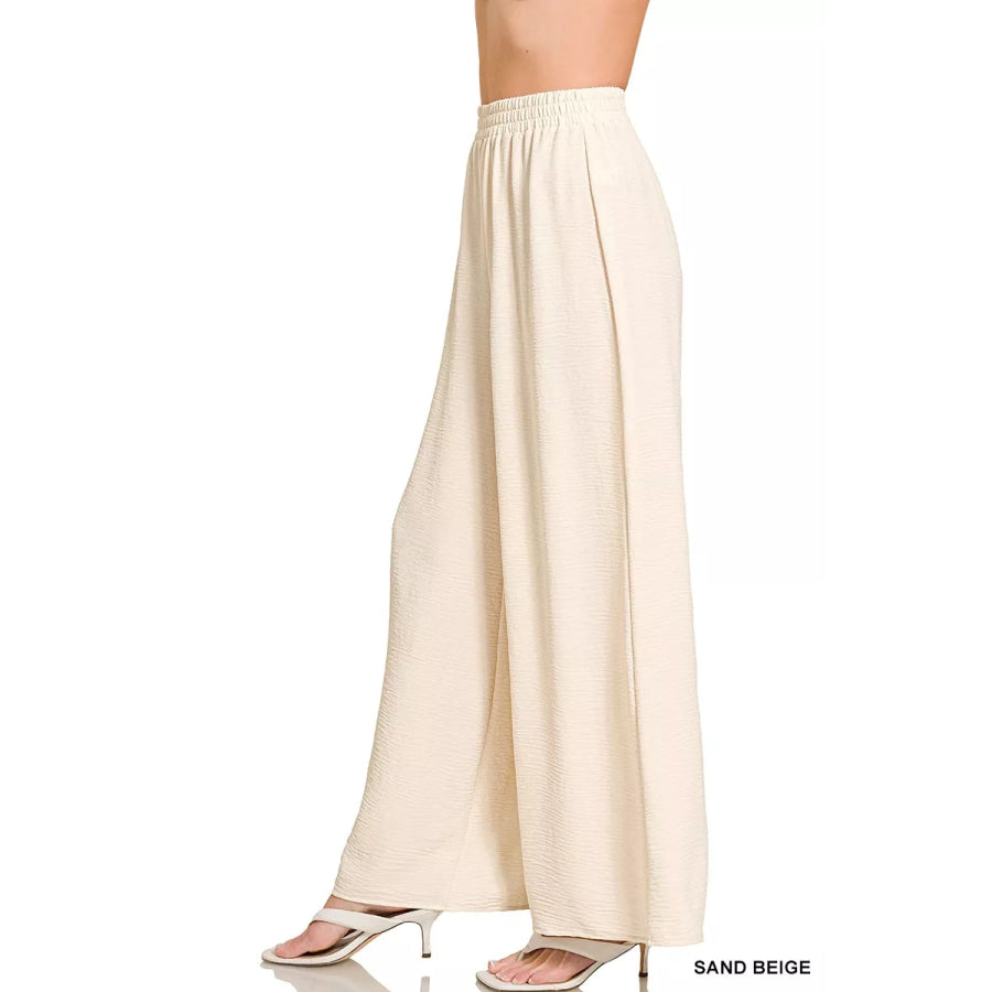 Zenana Woven Airflow Elastic Waistband Pants Apparel and Accessories