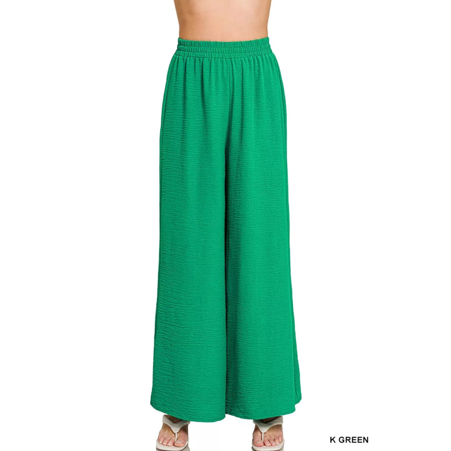 Zenana Woven Airflow Elastic Waistband Pants K GREEN / S Apparel and Accessories