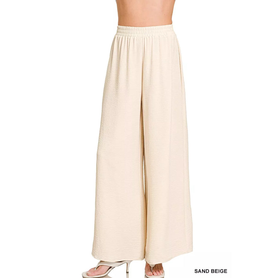 Zenana Woven Airflow Elastic Waistband Pants SAND BEIGE / S Apparel and Accessories
