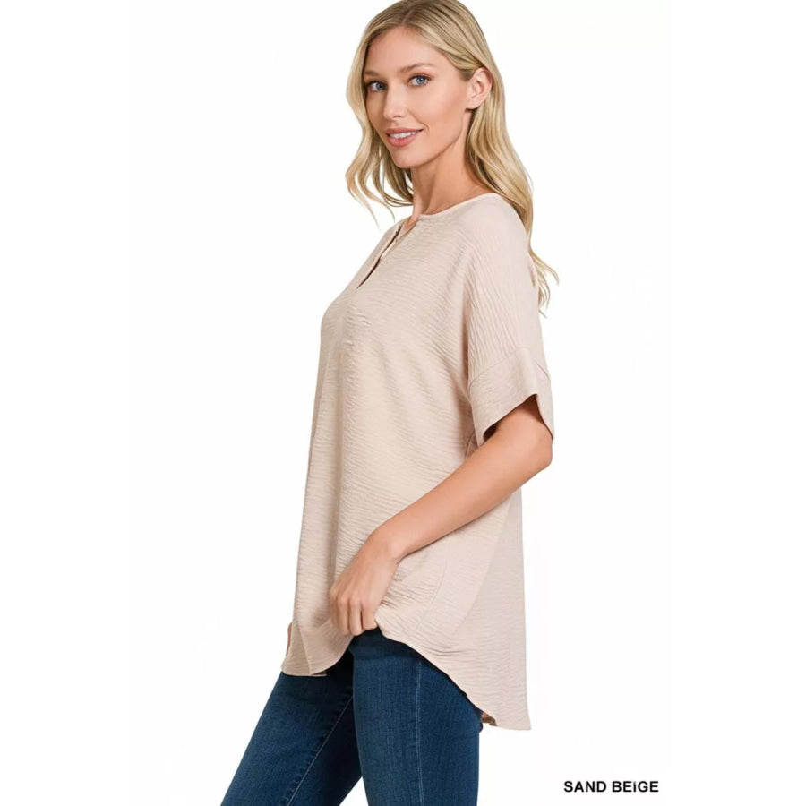 Zenana Woven Airflow Split Neck Short Sleeve Top Apparel and Accessories