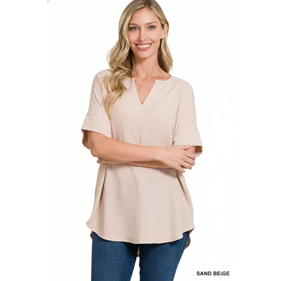 Zenana Woven Airflow Split Neck Short Sleeve Top SAND BEIGE / S Apparel and Accessories