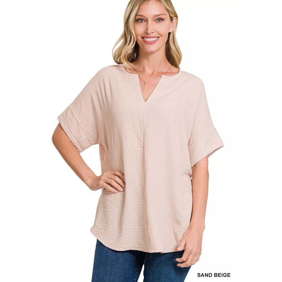 Zenana Woven Airflow Split Neck Short Sleeve Top SAND BEIGE / S Apparel and Accessories