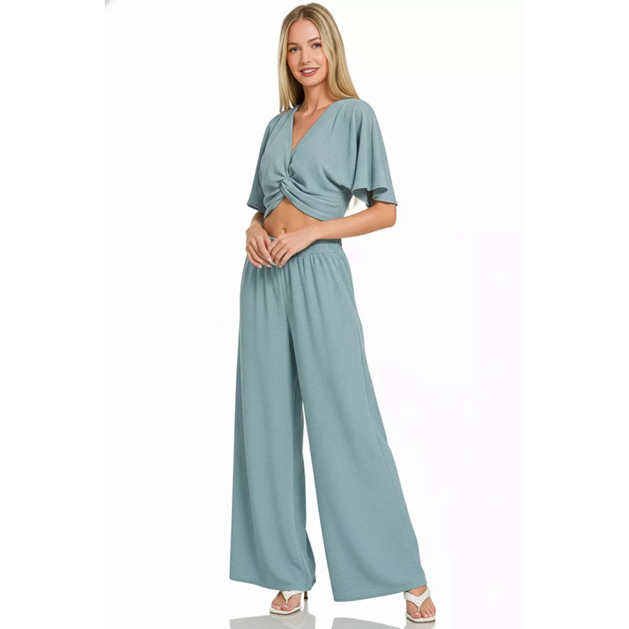 Zenana Woven Airflow Twisted Top & Wide Leg Pants Set Apparel and Accessories