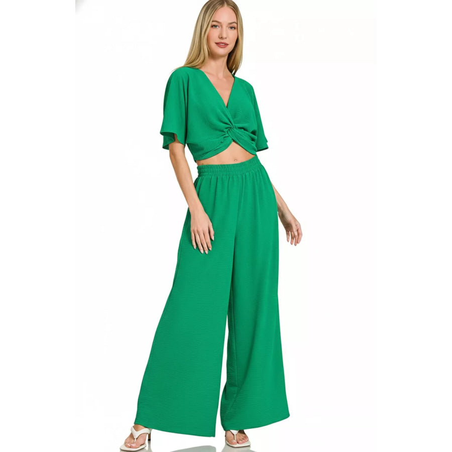 Zenana Woven Airflow Twisted Top & Wide Leg Pants Set Apparel and Accessories