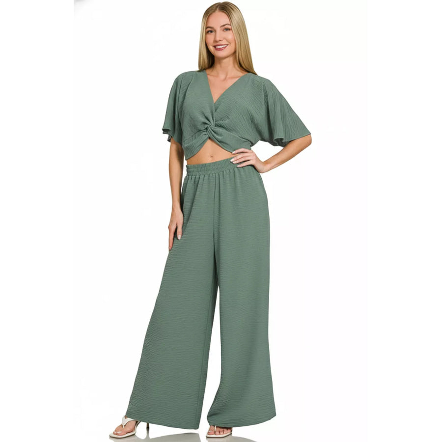 Zenana Woven Airflow Twisted Top & Wide Leg Pants Set ASH JADE / S Apparel and Accessories