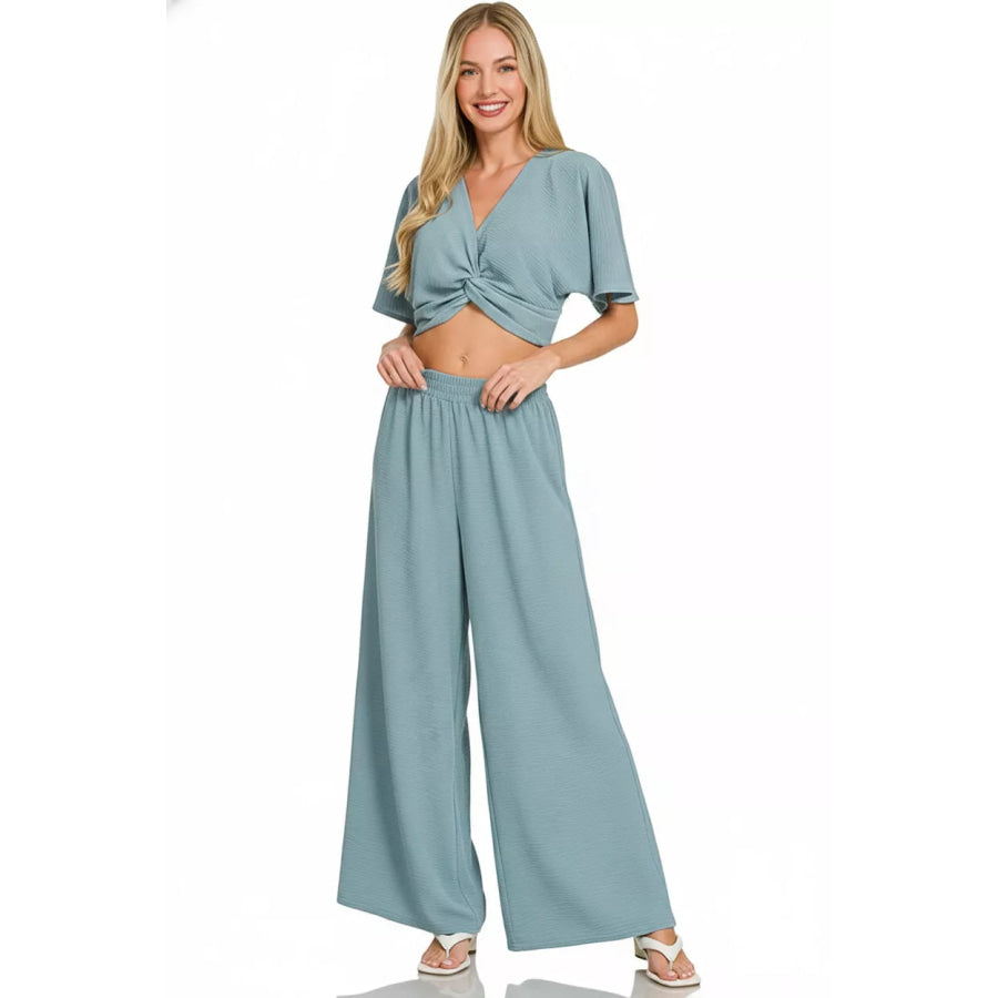 Zenana Woven Airflow Twisted Top & Wide Leg Pants Set Apparel and Accessories