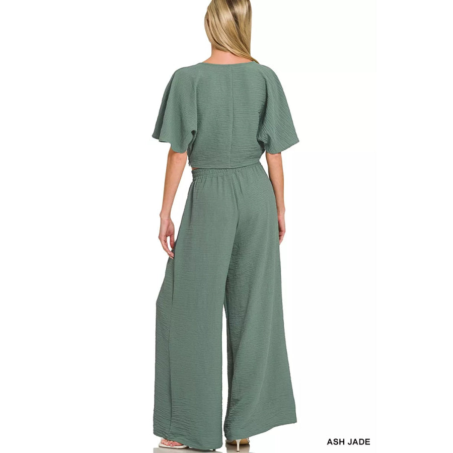 Zenana Woven Airflow Twisted Top & Wide Leg Pants Set Apparel and Accessories