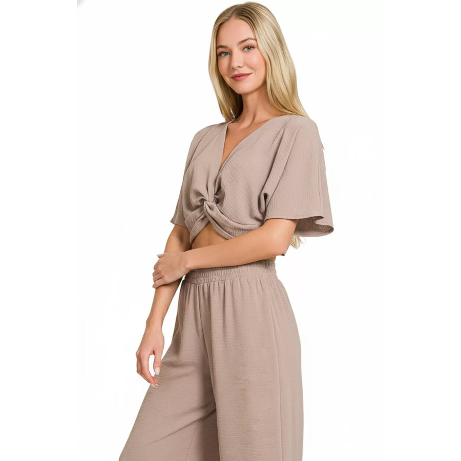 Zenana Woven Airflow Twisted Top & Wide Leg Pants Set ASH MOCHA / S Apparel and Accessories