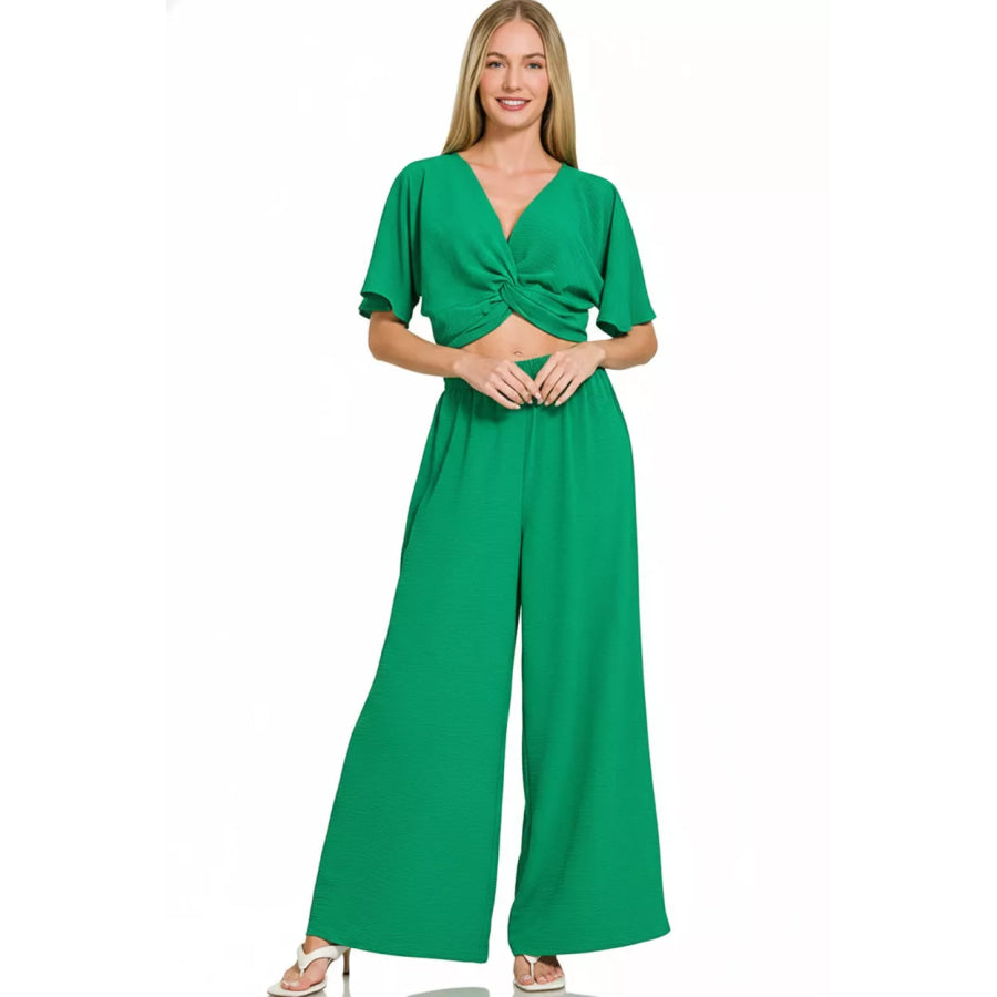 Zenana Woven Airflow Twisted Top & Wide Leg Pants Set K GREEN / S Apparel and Accessories