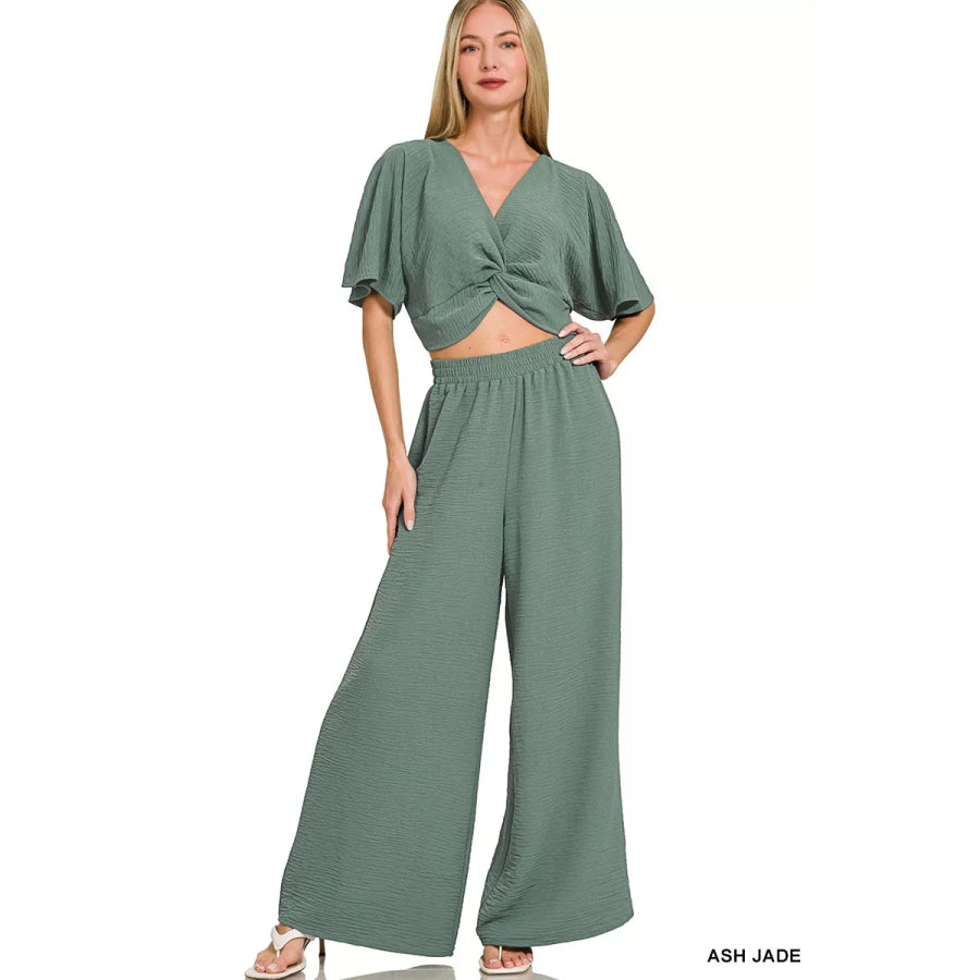 Zenana Woven Airflow Twisted Top & Wide Leg Pants Set ASH JADE / S Apparel and Accessories