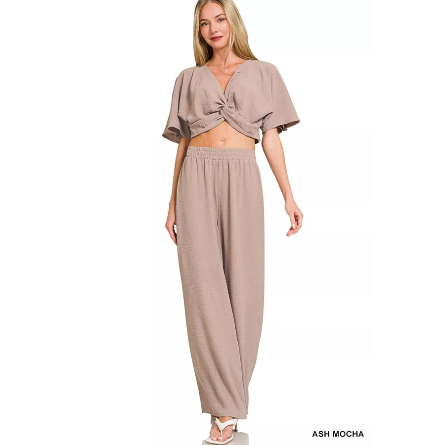 Zenana Woven Airflow Twisted Top & Wide Leg Pants Set ASH MOCHA / S Apparel and Accessories