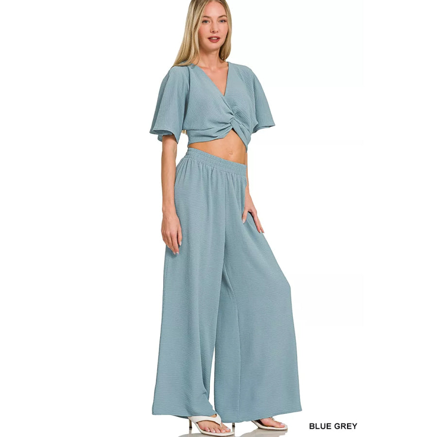 Zenana Woven Airflow Twisted Top & Wide Leg Pants Set BLUE GREY / S Apparel and Accessories