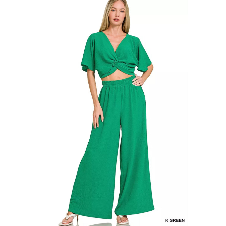 Zenana Woven Airflow Twisted Top & Wide Leg Pants Set K GREEN / S Apparel and Accessories