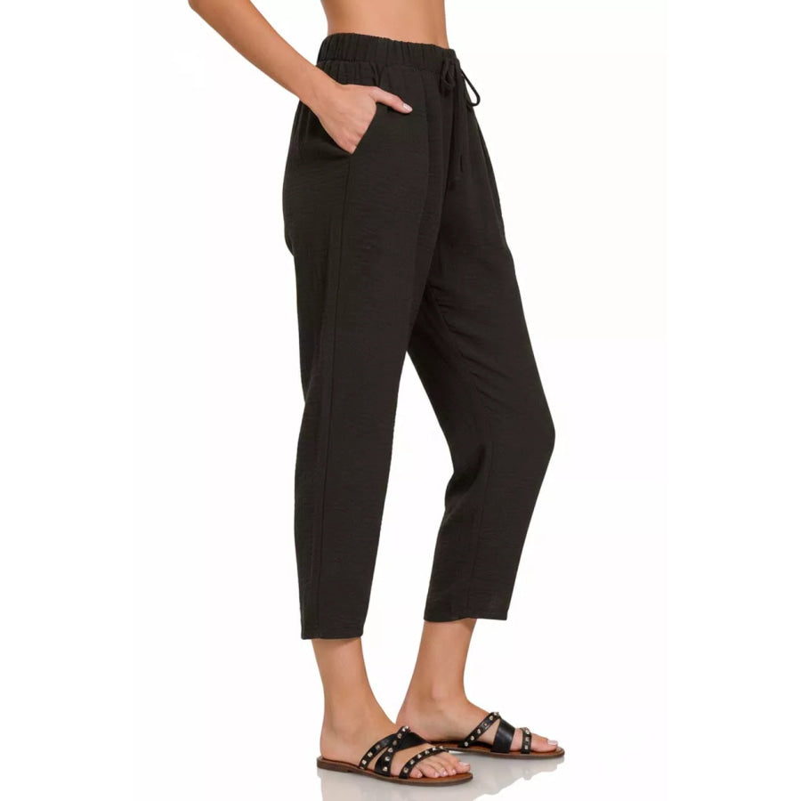 Zenana Woven Crepe Elastic Band Waist Pants Apparel and Accessories