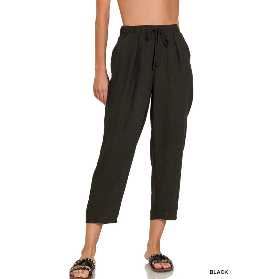 Zenana Woven Crepe Elastic Band Waist Pants Apparel and Accessories