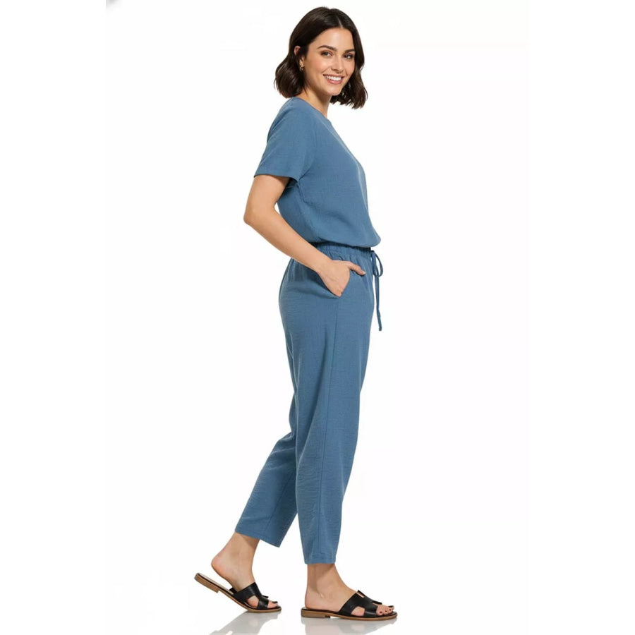 Zenana Woven Crepe Elastic Band Waist Pants DUSTY BLUE / S Apparel and Accessories