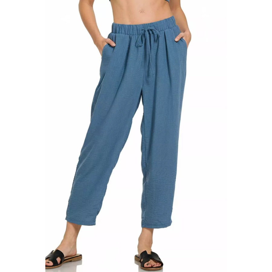 Zenana Woven Crepe Elastic Band Waist Pants Apparel and Accessories