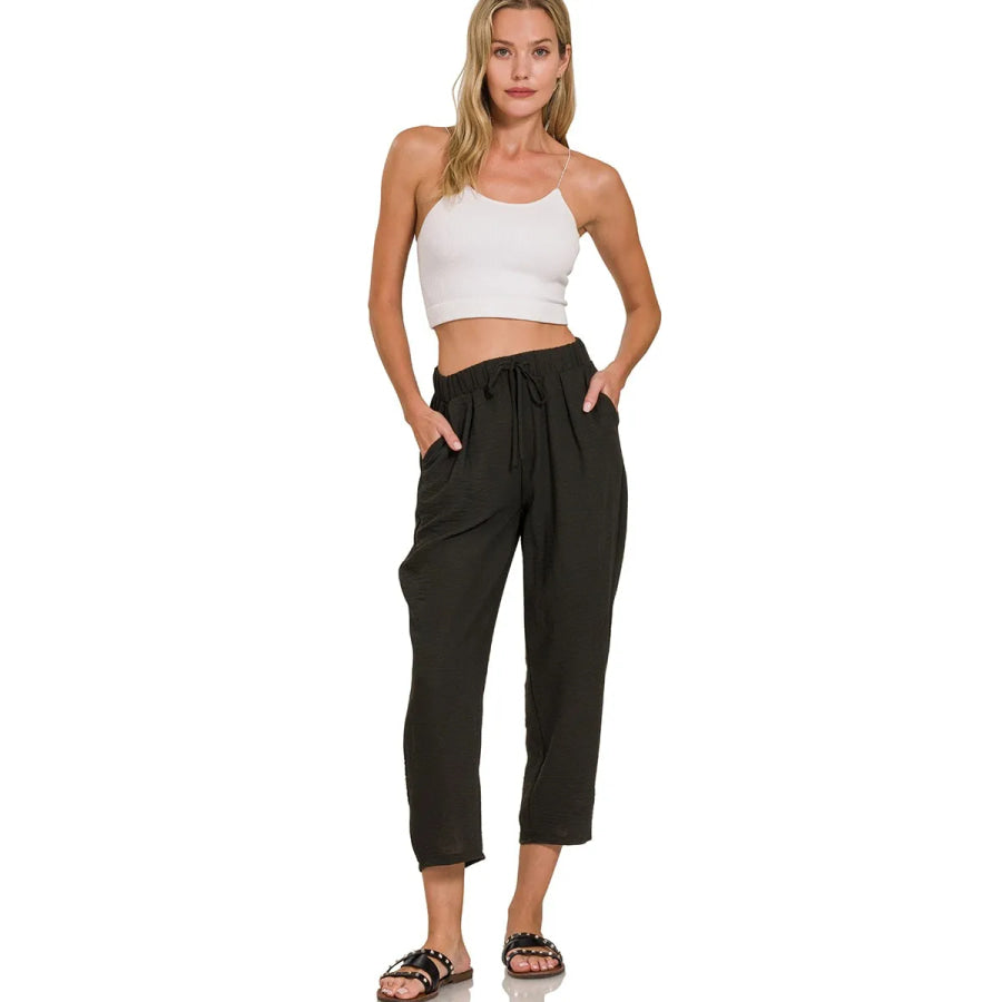 Zenana Woven Crepe Elastic Band Waist Pants BLACK / S Apparel and Accessories