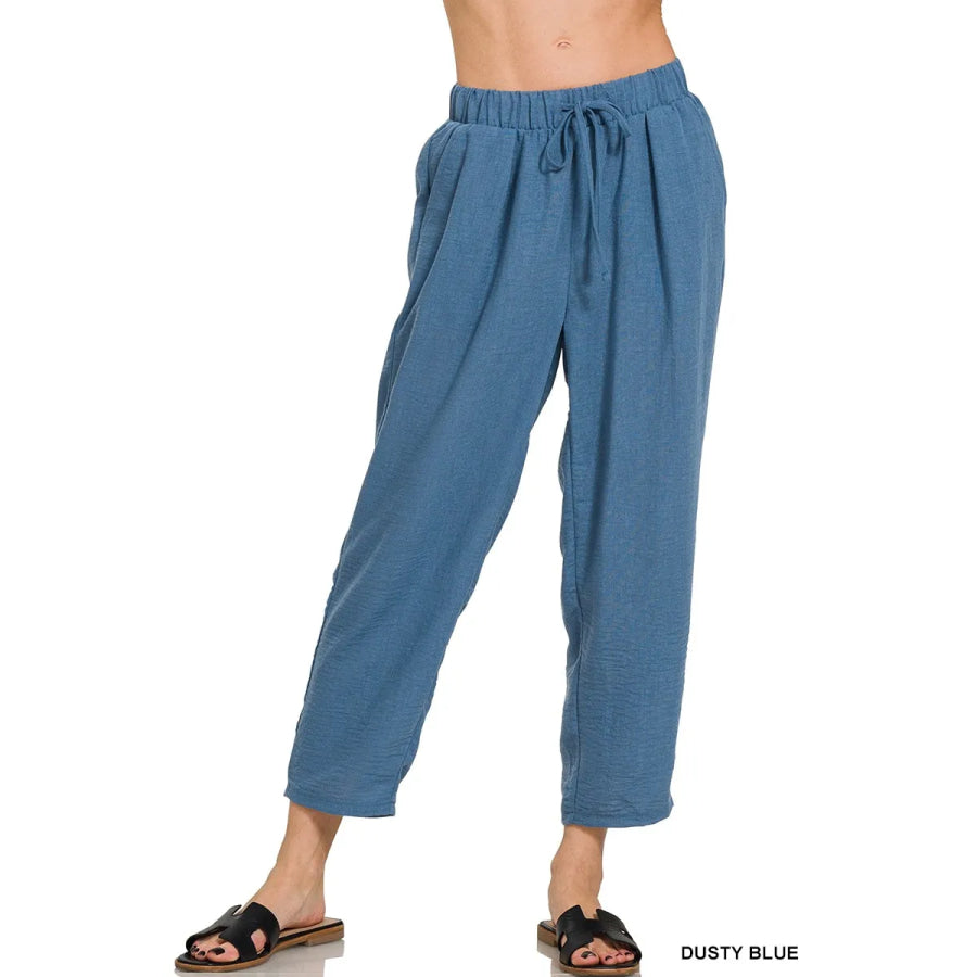 Zenana Woven Crepe Elastic Band Waist Pants DUSTY BLUE / S Apparel and Accessories