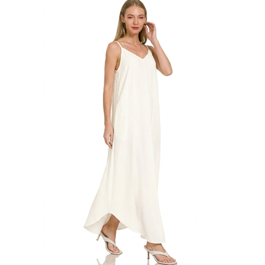 Zenana Woven Crinkle Cami Maxi Dress with Side Pockets Apparel and Accessories