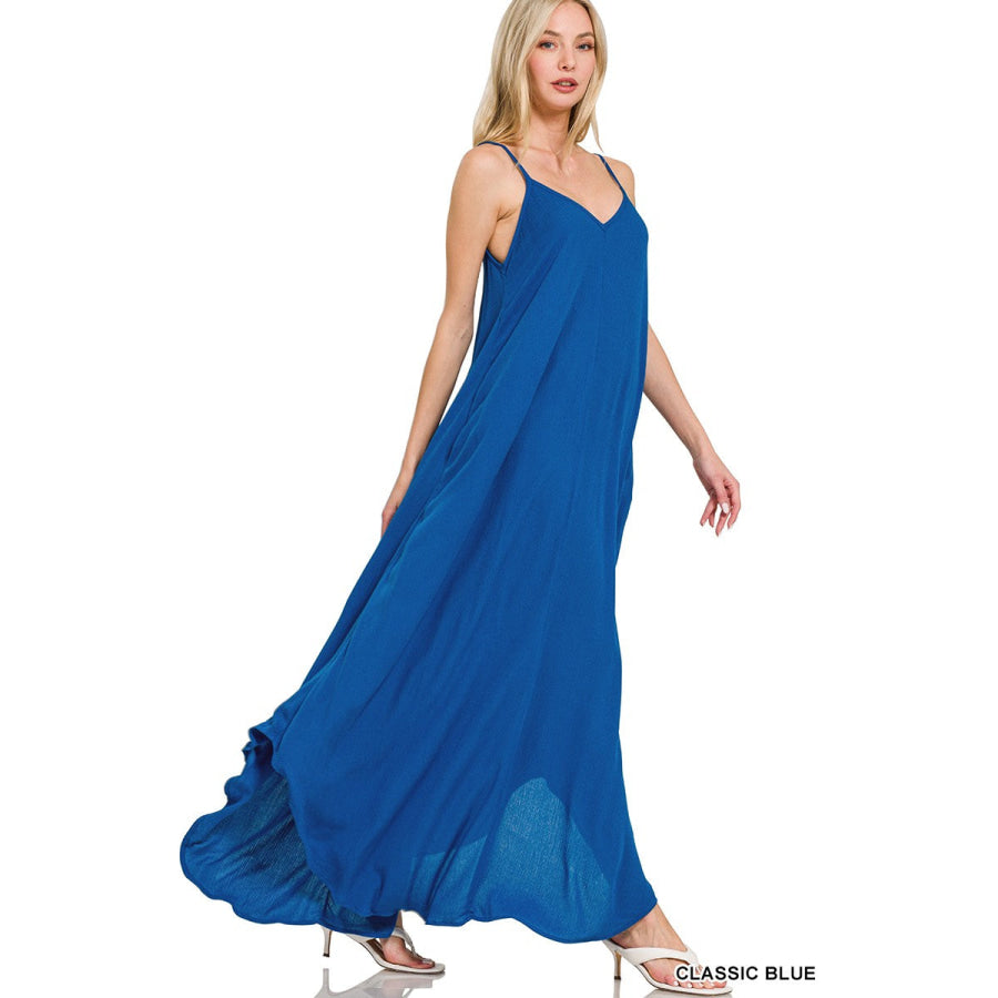 Zenana Woven Crinkle Cami Maxi Dress with Side Pockets CLASSIC BLUE / S Apparel and Accessories