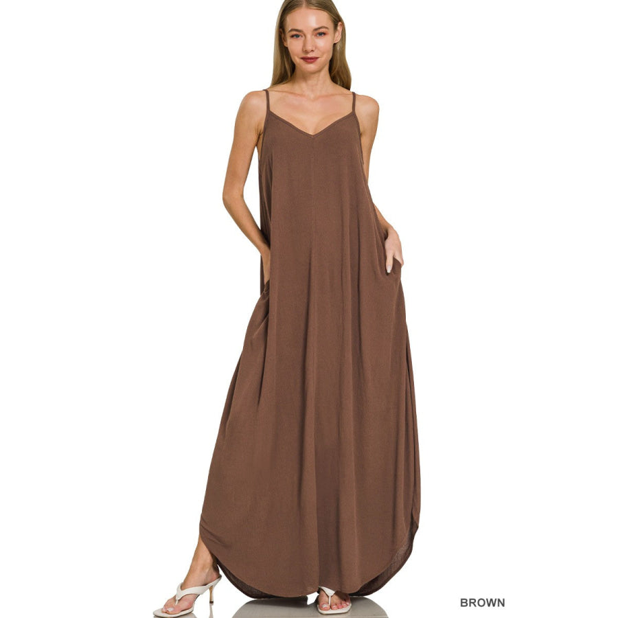 Zenana Woven Crinkle Cami Maxi Dress with Side Pockets Apparel and Accessories
