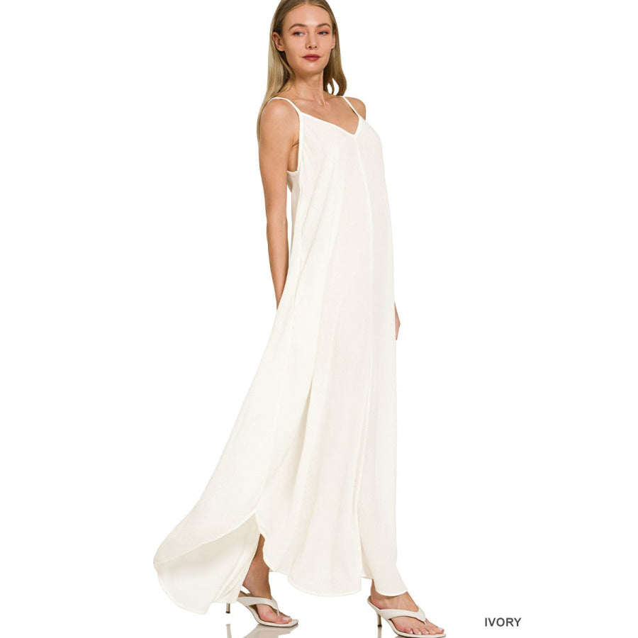 Zenana Woven Crinkle Cami Maxi Dress with Side Pockets IVORY / S Apparel and Accessories