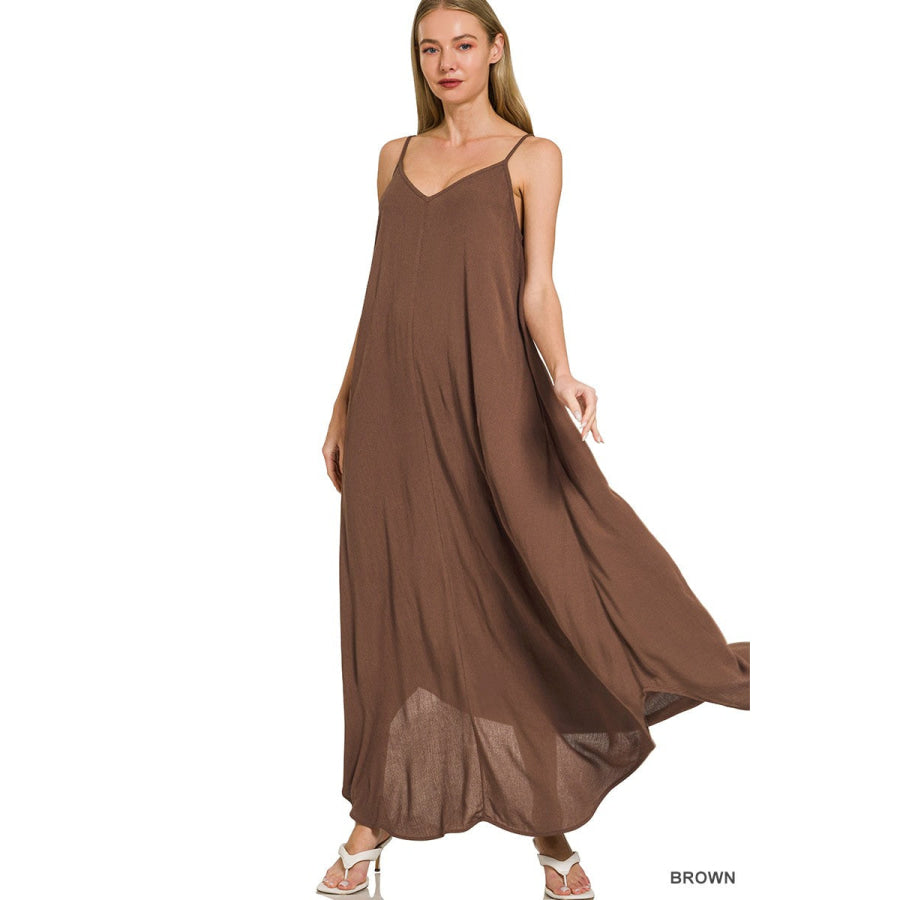 Zenana Woven Crinkle Cami Maxi Dress with Side Pockets Apparel and Accessories