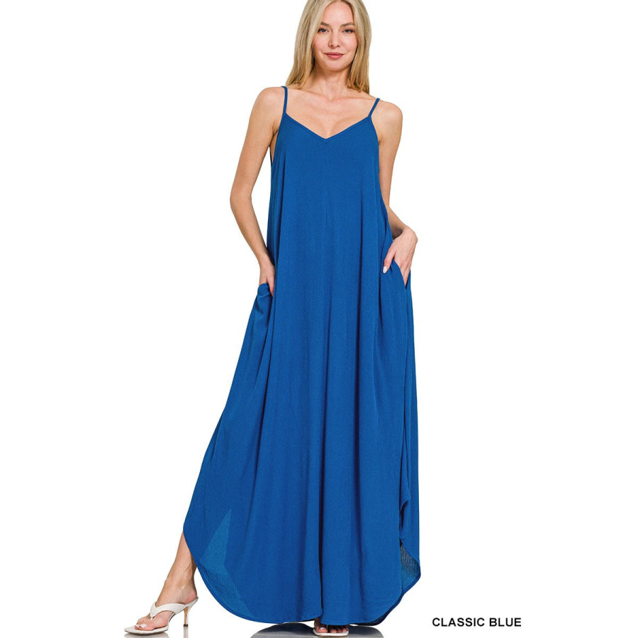Zenana Woven Crinkle Cami Maxi Dress with Side Pockets CLASSIC BLUE / S Apparel and Accessories