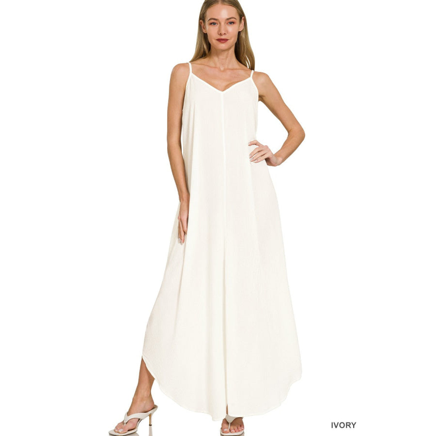 Zenana Woven Crinkle Cami Maxi Dress with Side Pockets IVORY / S Apparel and Accessories