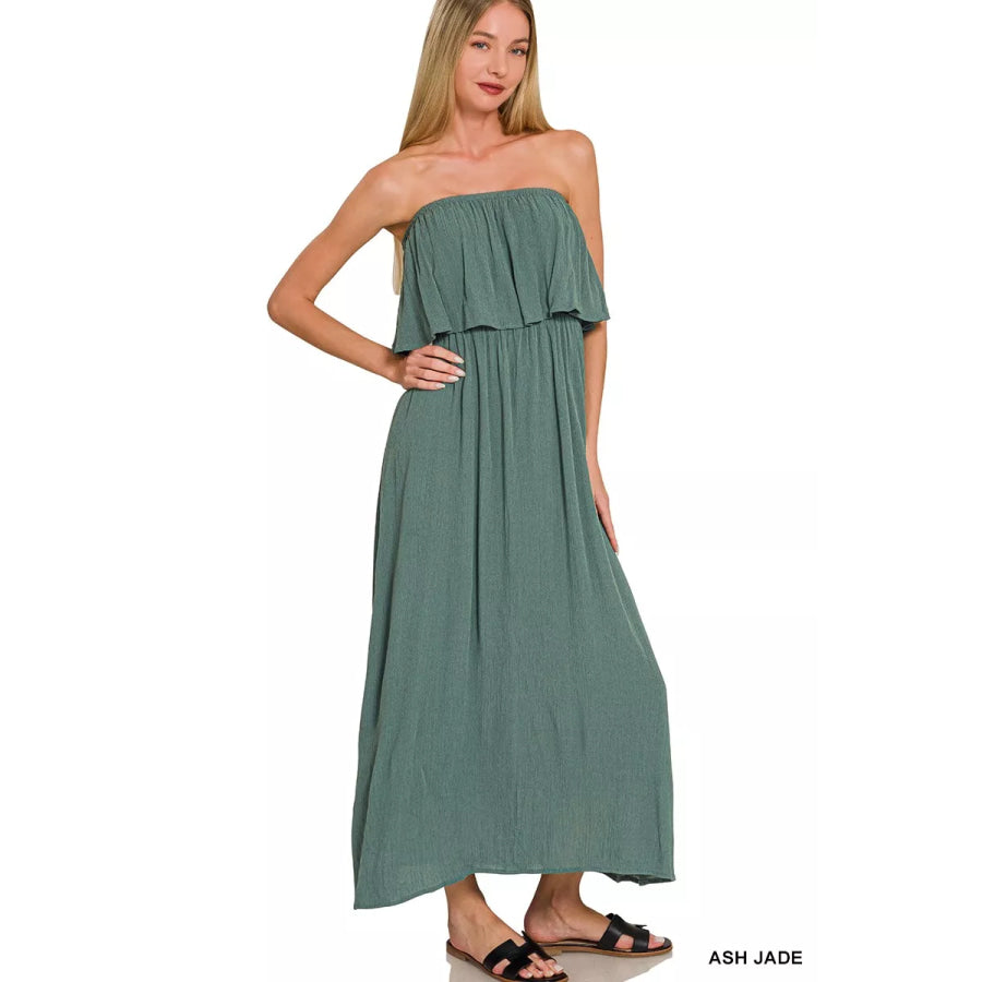 Zenana Woven Crinkle Strapless Maxi Dress Apparel and Accessories