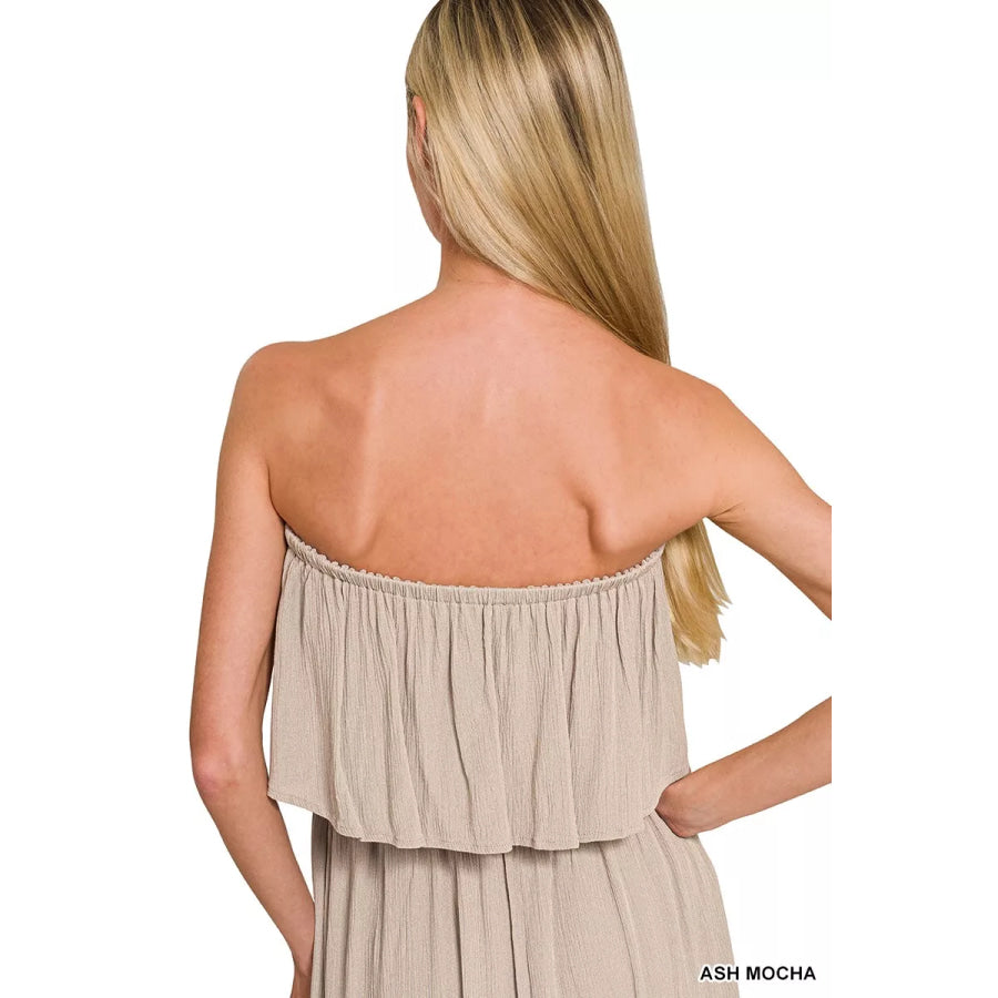 Zenana Woven Crinkle Strapless Maxi Dress Apparel and Accessories